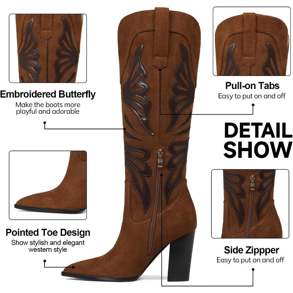 Women's Brown Pointed Toe Chunky High Heels Cowgirl Wide Calf Knee High Boots - Picture 5 of 7